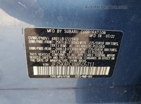 JF2SKAPCXNH505711 2022 SUBARU FORESTER Blue Вид наклейки з VIN-кодом