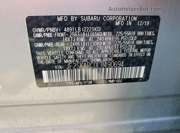 JF2SKARC0LH490694 2020 SUBARU FORESTER Silver Vista de la etiqueta del VIN