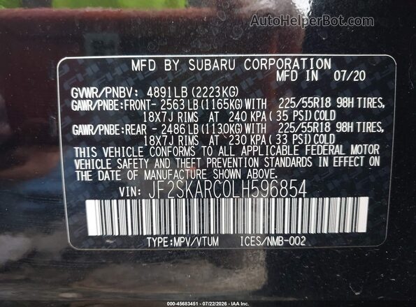 JF2SKARC0LH596854 2020 SUBARU FORESTER Black ძრავის განყოფილების ხედი