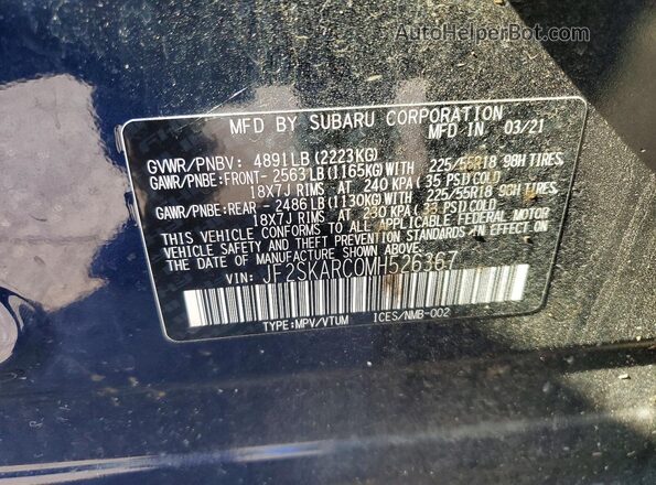 JF2SKARC0MH526367 2021 SUBARU FORESTER Blue Vista de la etiqueta del VIN