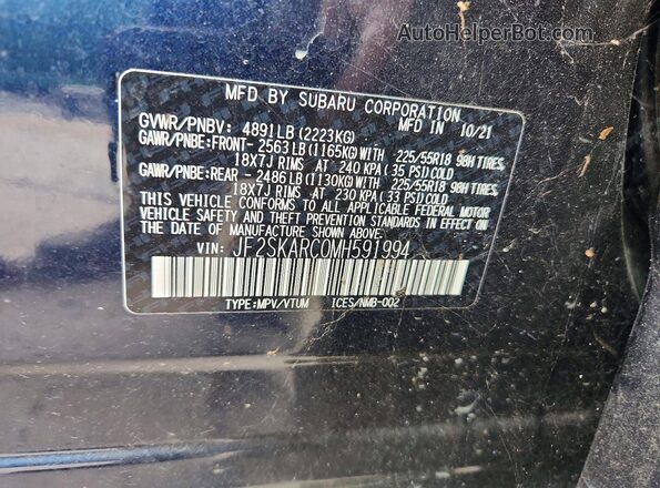 JF2SKARC0MH591994 2021 SUBARU FORESTER Blue VIN sticker view