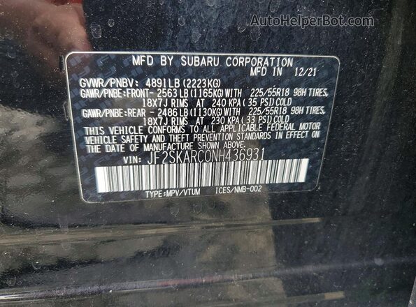 JF2SKARC0NH436931 2022 SUBARU FORESTER Black Vista de la etiqueta del VIN