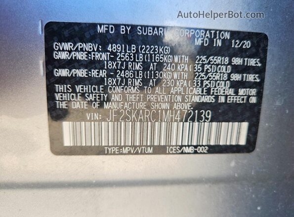 JF2SKARC1MH472139 2021 SUBARU FORESTER Silver VIN sticker view