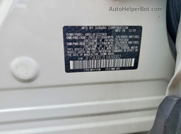 JF2SKARC2LH486002 2020 SUBARU FORESTER White Панорамний вид салону 360°