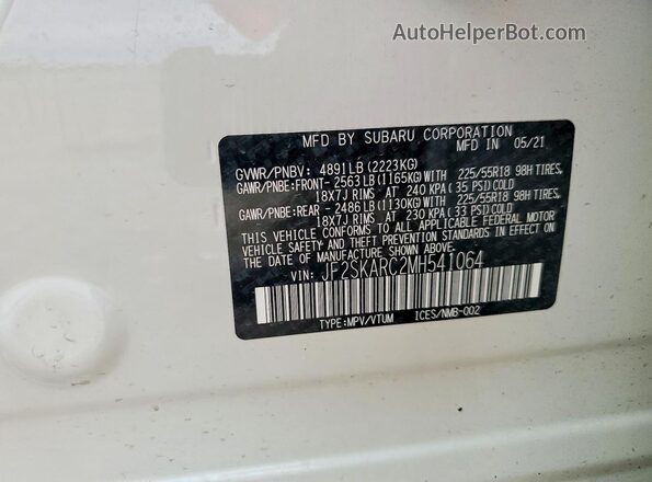 JF2SKARC2MH541064 2021 SUBARU FORESTER White 360 interior view