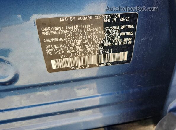 JF2SKARC2NH483443 2022 SUBARU FORESTER Blue VIN sticker view