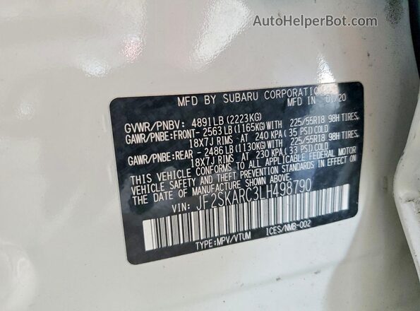 JF2SKARC3LH498790 2020 SUBARU FORESTER White სალონის 360-გრადუსიანი ხედი