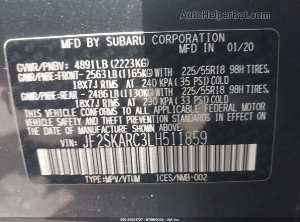 JF2SKARC3LH511859 2020 SUBARU FORESTER Gray Widok komory silnika