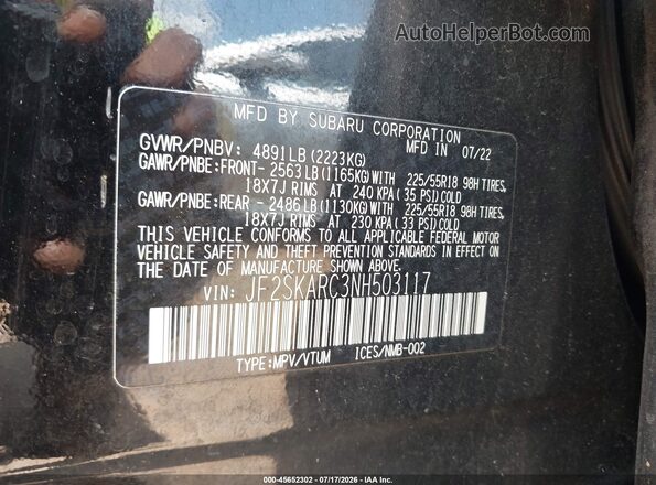 JF2SKARC3NH503117 2022 SUBARU FORESTER Black Vista del compartimento del motor