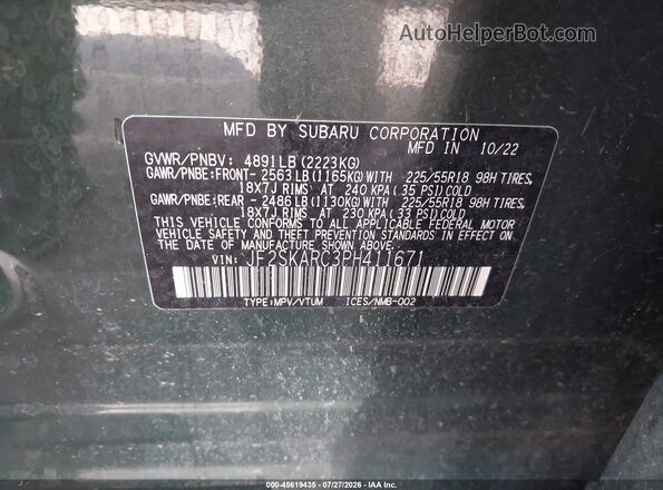 JF2SKARC3PH411671 2023 SUBARU FORESTER Green Շարժիչի բաժամունքի տեսք