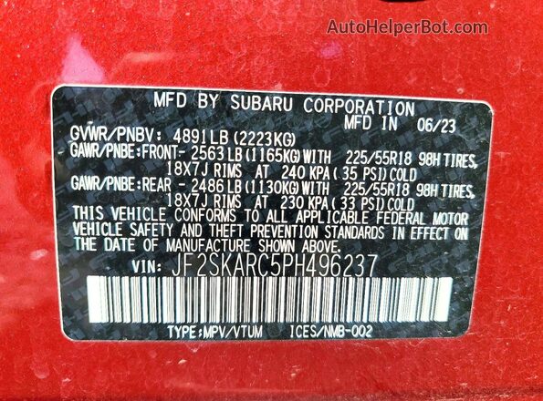 JF2SKARC5PH496237 2023 SUBARU FORESTER Burgundy VIN კოდის სტიკერის ხედი