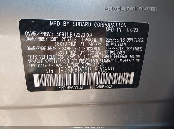 JF2SKARC5PH520889 2023 SUBARU FORESTER Silver Widok komory silnika