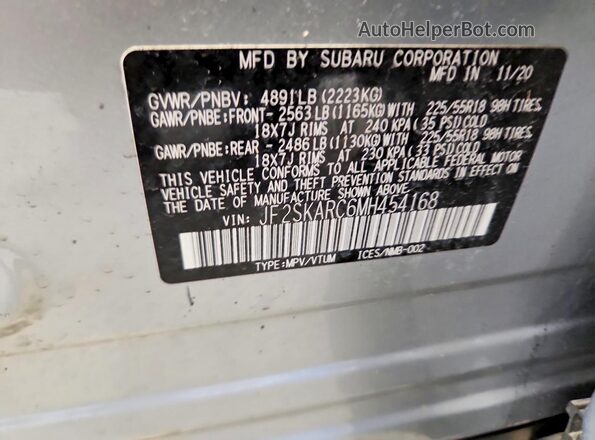 JF2SKARC6MH454168 2021 SUBARU FORESTER Silver Vista de la etiqueta del VIN