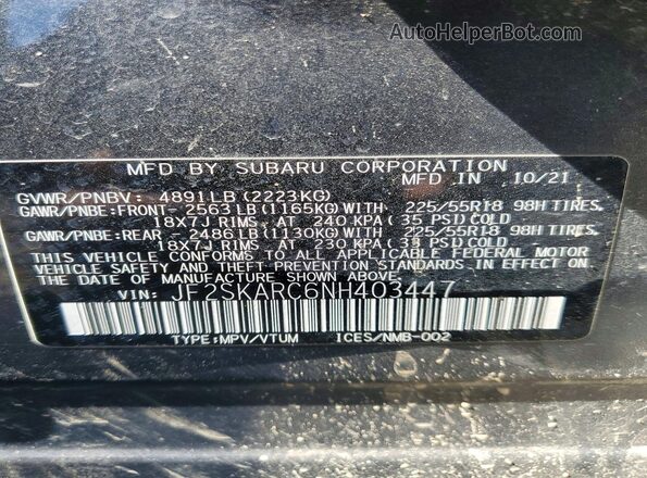 JF2SKARC6NH403447 2022 SUBARU FORESTER Gray VIN կոդի պիտակի տեսք