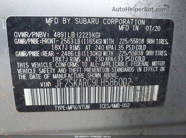 JF2SKARC9LH586002 2020 SUBARU FORESTER Silver Vista del compartimento del motor