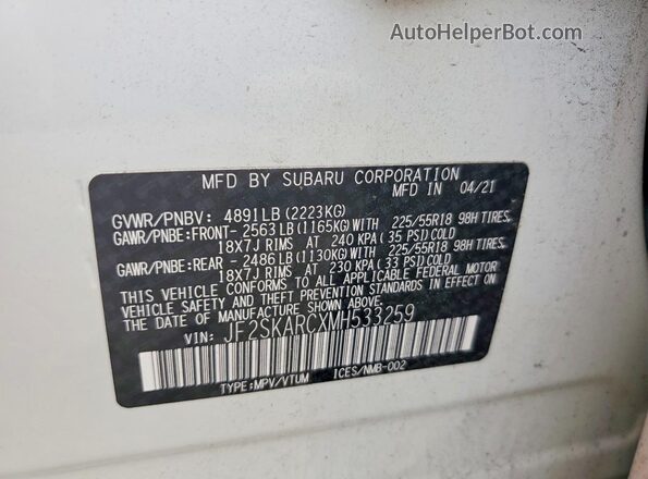 JF2SKARCXMH533259 2021 SUBARU FORESTER Gray VIN կոդի պիտակի տեսք