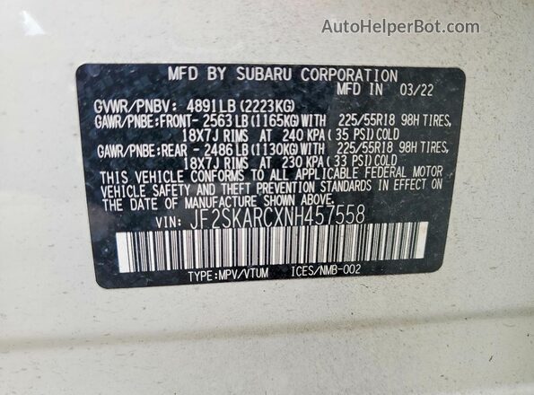 JF2SKARCXNH457558 2022 SUBARU FORESTER White VIN კოდის სტიკერის ხედი