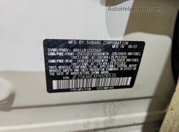 JF2SKARCXPH506535 2023 SUBARU FORESTER Белый Панорамный вид салона 360°