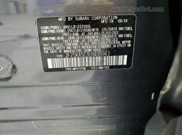 JF2SKASC3LH435943 2020 SUBARU FORESTER Gray VIN კოდის სტიკერის ხედი