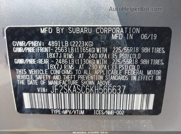JF2SKASC6KH566637 2019 SUBARU FORESTER Silver Widok komory silnika