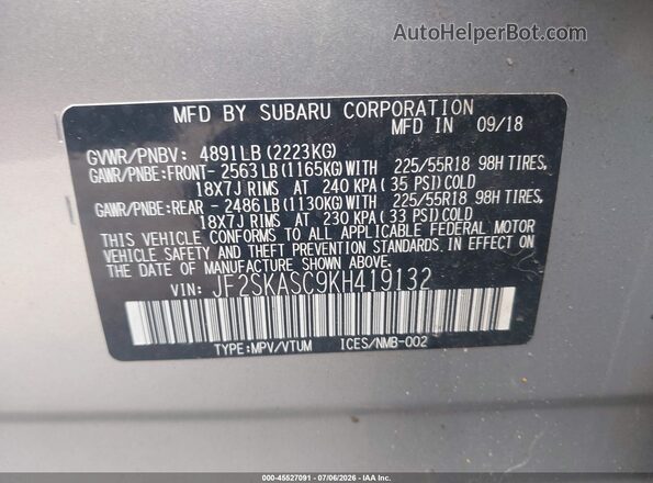 JF2SKASC9KH419132 2019 SUBARU FORESTER Silver Engine compartment view