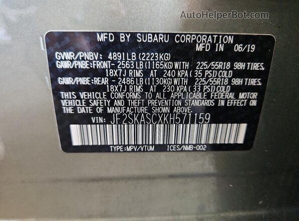 JF2SKASCXKH571159 2019 SUBARU FORESTER Green VIN կոդի պիտակի տեսք