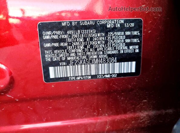 JF2SKASCXMH483084 2021 SUBARU FORESTER Burgundy Շարժիչի բաժամունքի տեսք
