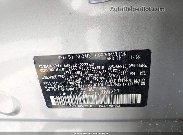 JF2SKAUC2KH469237 2019 SUBARU FORESTER Серебряный Вид подкапотного пространства