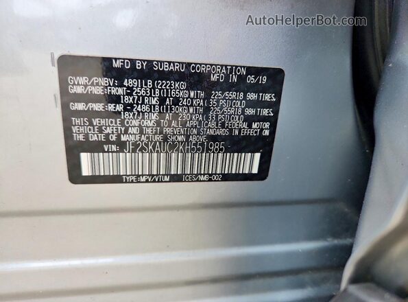 JF2SKAUC2KH551985 2019 SUBARU FORESTER Gray VIN კოდის სტიკერის ხედი