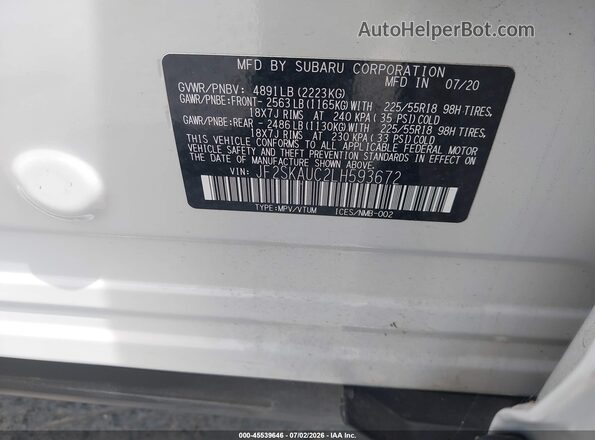 JF2SKAUC2LH593672 2020 SUBARU FORESTER Белый Вид подкапотного пространства