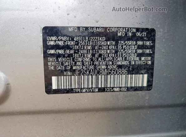 JF2SKAUC8MH560886 2021 SUBARU FORESTER Silver Панорамний вид салону 360°