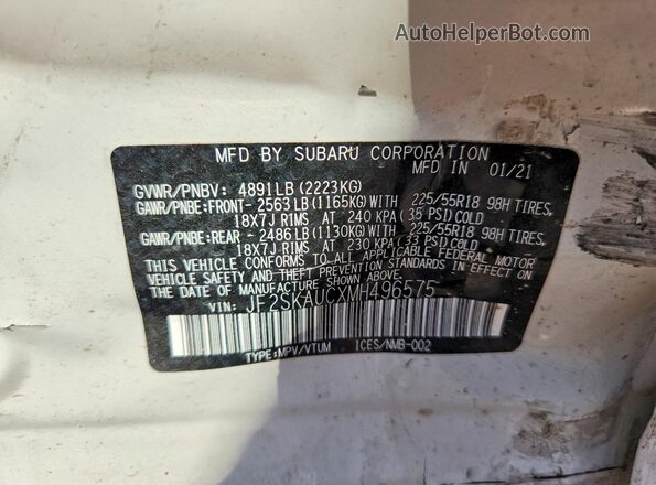 JF2SKAUCXMH496575 2021 SUBARU FORESTER White VIN კოდის სტიკერის ხედი