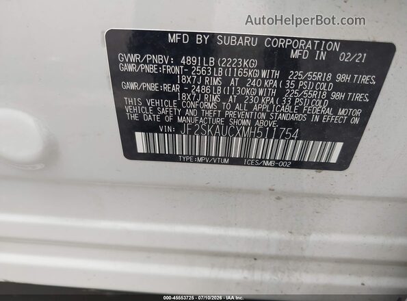 JF2SKAUCXMH511754 2021 SUBARU FORESTER White ძრავის განყოფილების ხედი