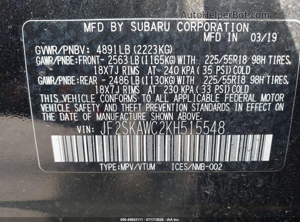 JF2SKAWC2KH515548 2019 SUBARU FORESTER Black Vista del compartimento del motor