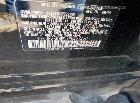 JF2SKAWC7KH427420 2019 SUBARU FORESTER Черный Вид наклейки с VIN-кодом