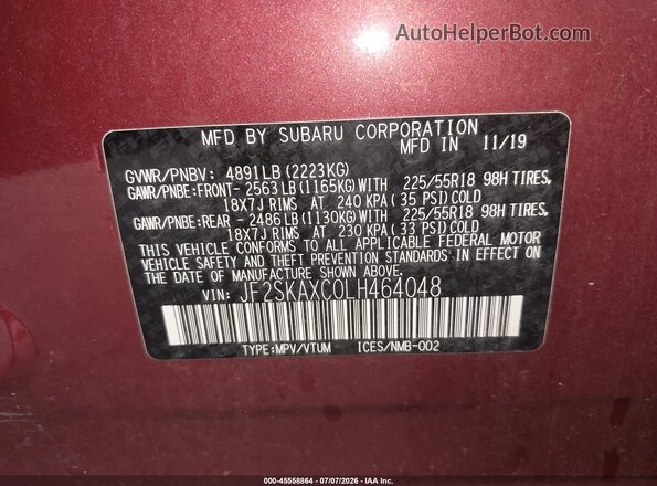 JF2SKAXC0LH464048 2020 SUBARU FORESTER Burgundy Engine compartment view