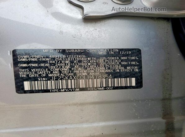 JF2SKAXC0LH478354 2020 SUBARU FORESTER Silver VIN კოდის სტიკერის ხედი