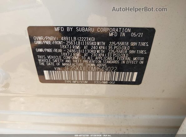 JF2SKAXC0MH549022 2021 SUBARU FORESTER White Vista del compartimento del motor