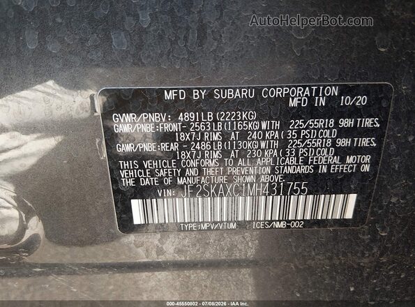 JF2SKAXC1MH431755 2021 SUBARU FORESTER Gray Շարժիչի բաժամունքի տեսք