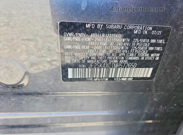 JF2SKAXC1MH572650 2021 SUBARU FORESTER Gray Вид наклейки з VIN-кодом