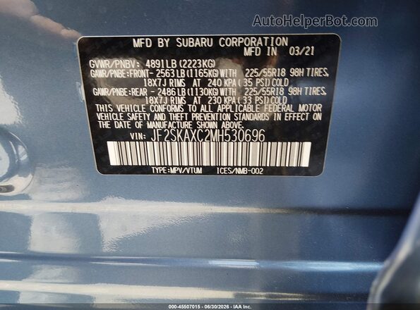 JF2SKAXC2MH530696 2021 SUBARU FORESTER Blue ძრავის განყოფილების ხედი