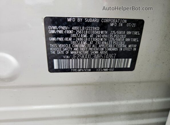 JF2SKAXC3MH574867 2021 SUBARU FORESTER White VIN sticker view