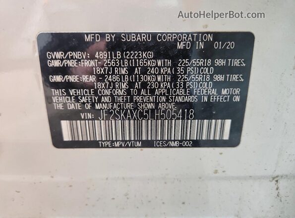 JF2SKAXC5LH505418 2020 SUBARU FORESTER Белый Вид наклейки с VIN-кодом