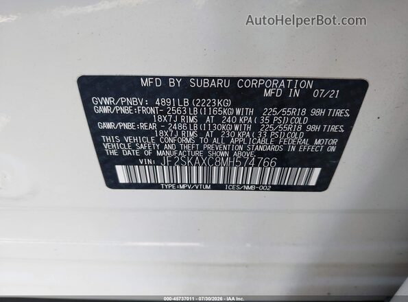 JF2SKAXC8MH574766 2021 SUBARU FORESTER White Widok komory silnika
