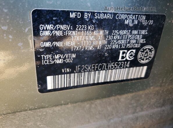 JF2SKEFC7LH552314 2020 SUBARU FORESTER Green Widok naklejki z numerem VIN