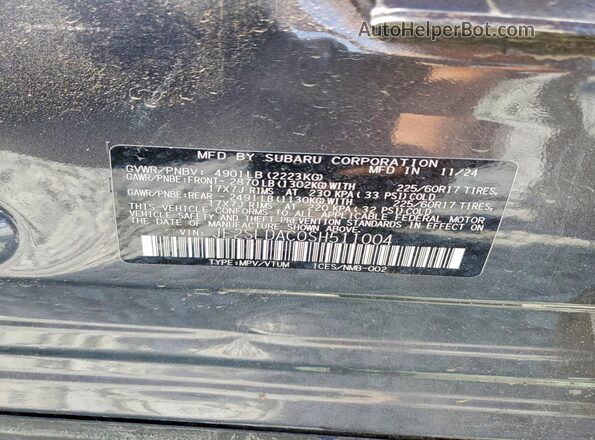 JF2SLDAC0SH511004 2025 SUBARU FORESTER Charcoal Widok naklejki z numerem VIN