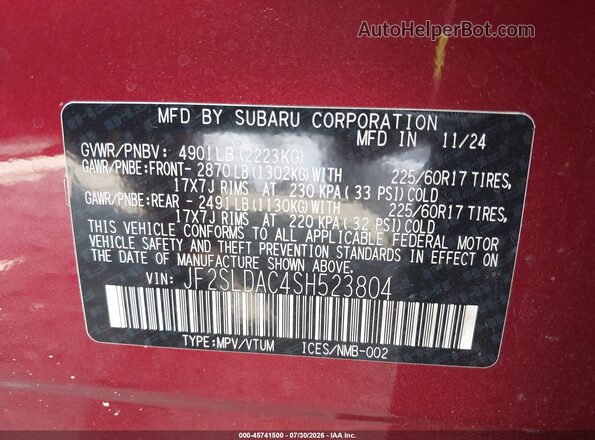 JF2SLDAC4SH523804 2025 SUBARU FORESTER Red Engine compartment view