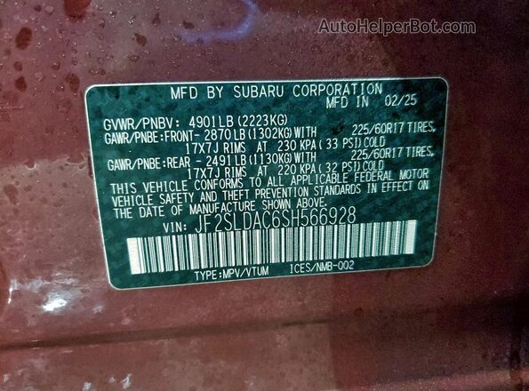 JF2SLDAC6SH566928 2025 SUBARU FORESTER Red VIN კოდის სტიკერის ხედი