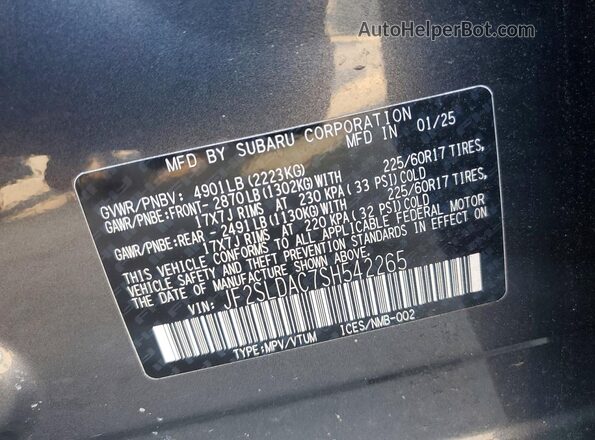 JF2SLDAC7SH542265 2025 SUBARU FORESTER Gray Vista de la etiqueta del VIN