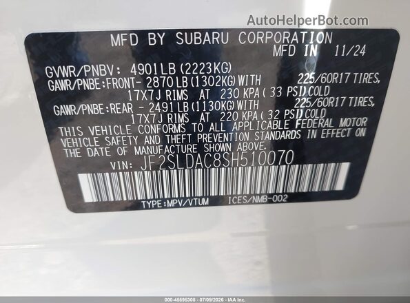 JF2SLDAC8SH510070 2025 SUBARU FORESTER White Widok komory silnika
